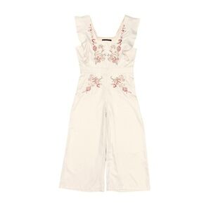 The Vintage Shop Embroidered Floral Jumpsuit Large Tan Wide Leg Ruffle NWT